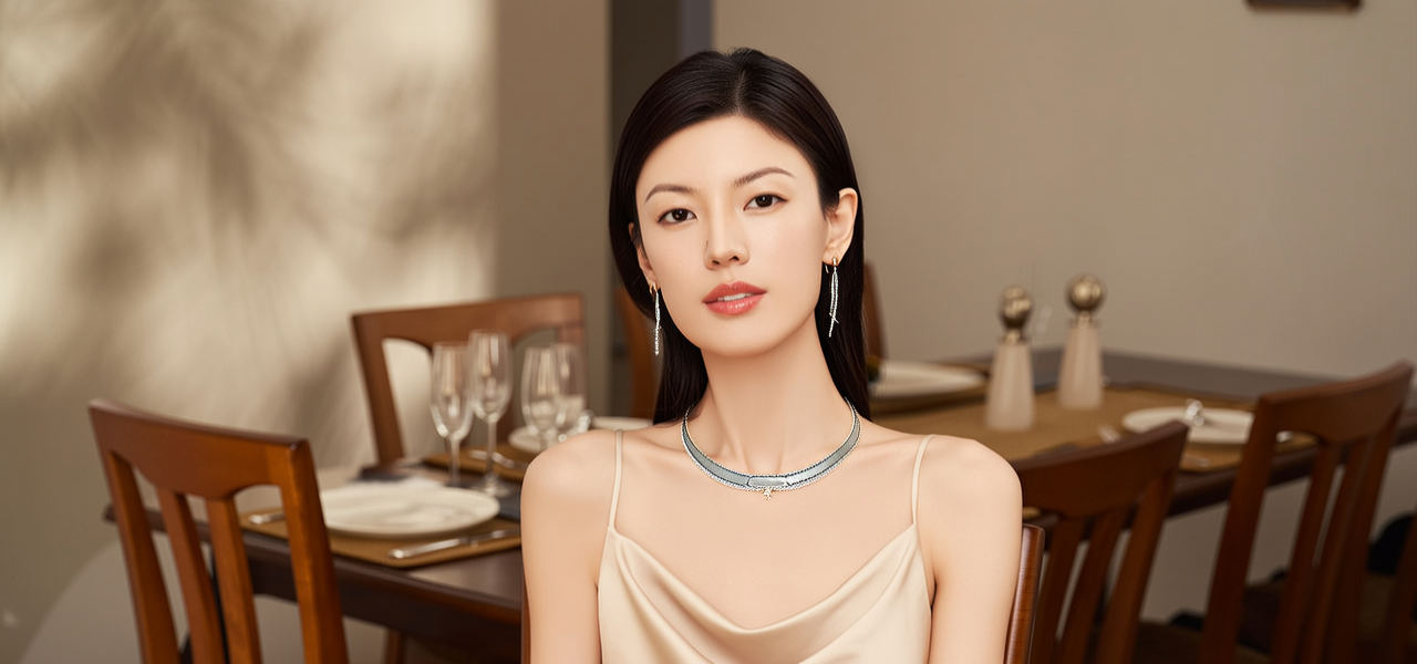 生活瞬间，美女，韩系美女，丝绸，美妆广告，家庭餐桌，4K超清，写实风格，温馨，柔和室内光，细腻皮肤，项链，耳环，手链。