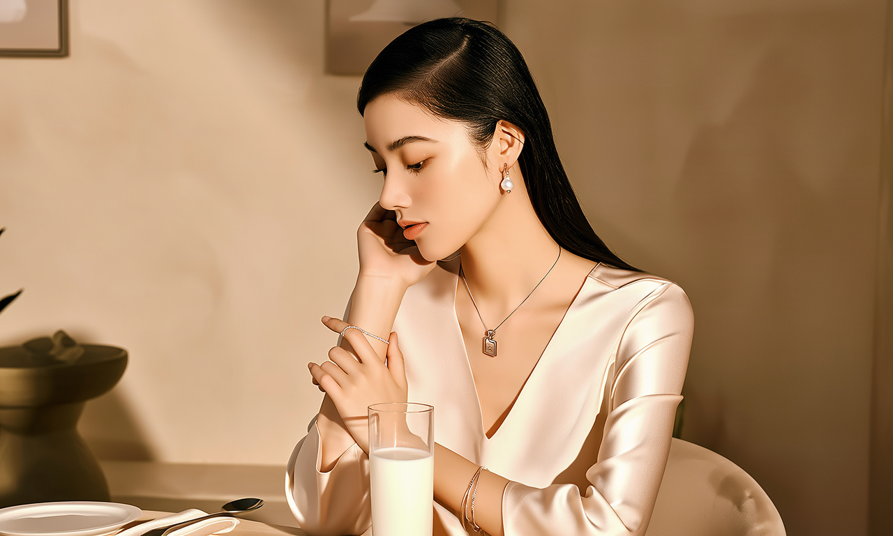 生活瞬间，美女，韩系美女，丝绸，美妆广告，家庭餐桌，4K超清，写实风格，温馨，柔和室内光，细腻皮肤，项链，耳环，手链。