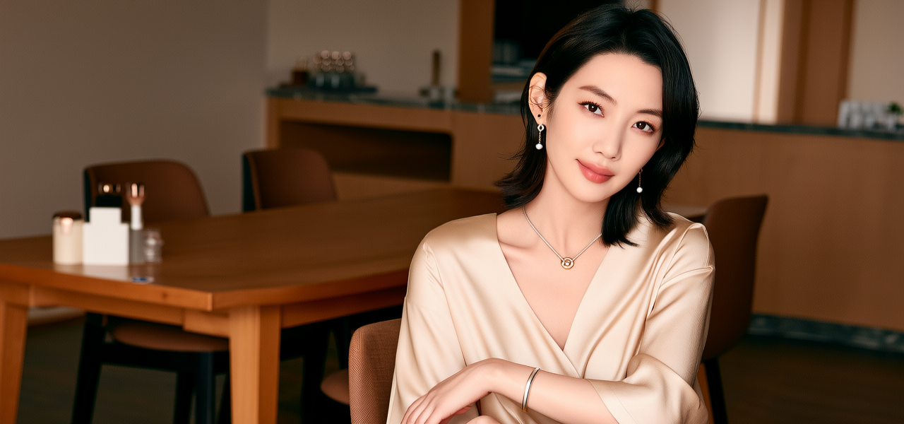 生活瞬间，美女，韩系美女，丝绸，美妆广告，家庭餐桌，4K超清，写实风格，温馨，柔和室内光，细腻皮肤，项链，耳环，手链。