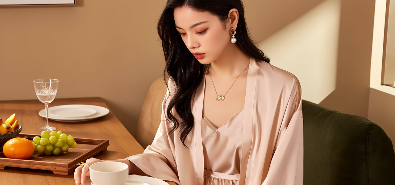 生活瞬间，美女，韩系美女，丝绸，美妆广告，家庭餐桌，4K超清，写实风格，温馨，柔和室内光，细腻皮肤，项链，耳环，手链。