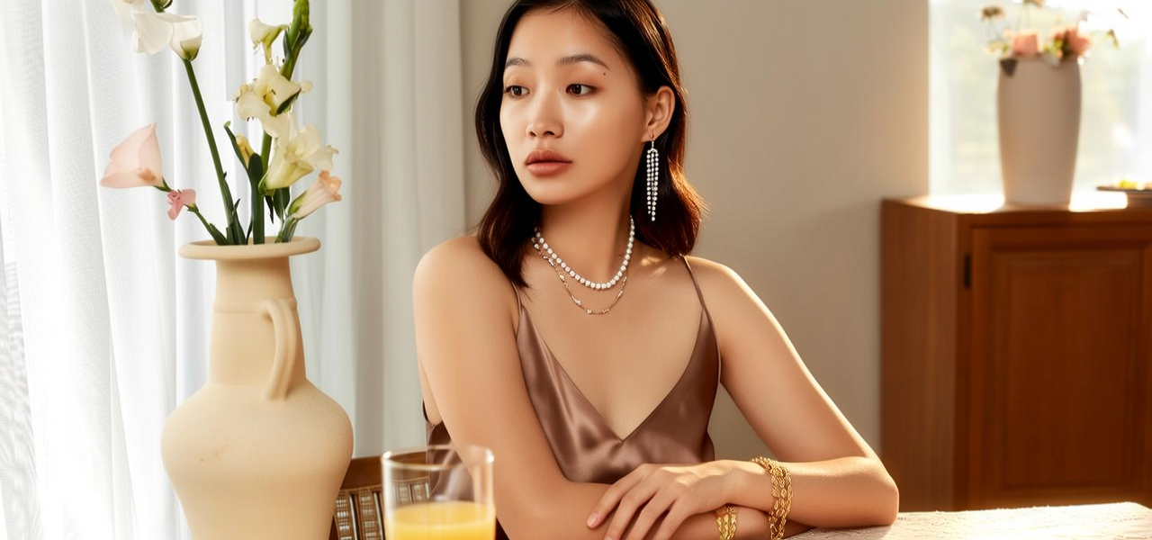 生活瞬间，美女，韩系美女，丝绸，美妆广告，家庭餐桌，4K超清，写实风格，温馨，柔和室内光，细腻皮肤，项链，耳环，手链。