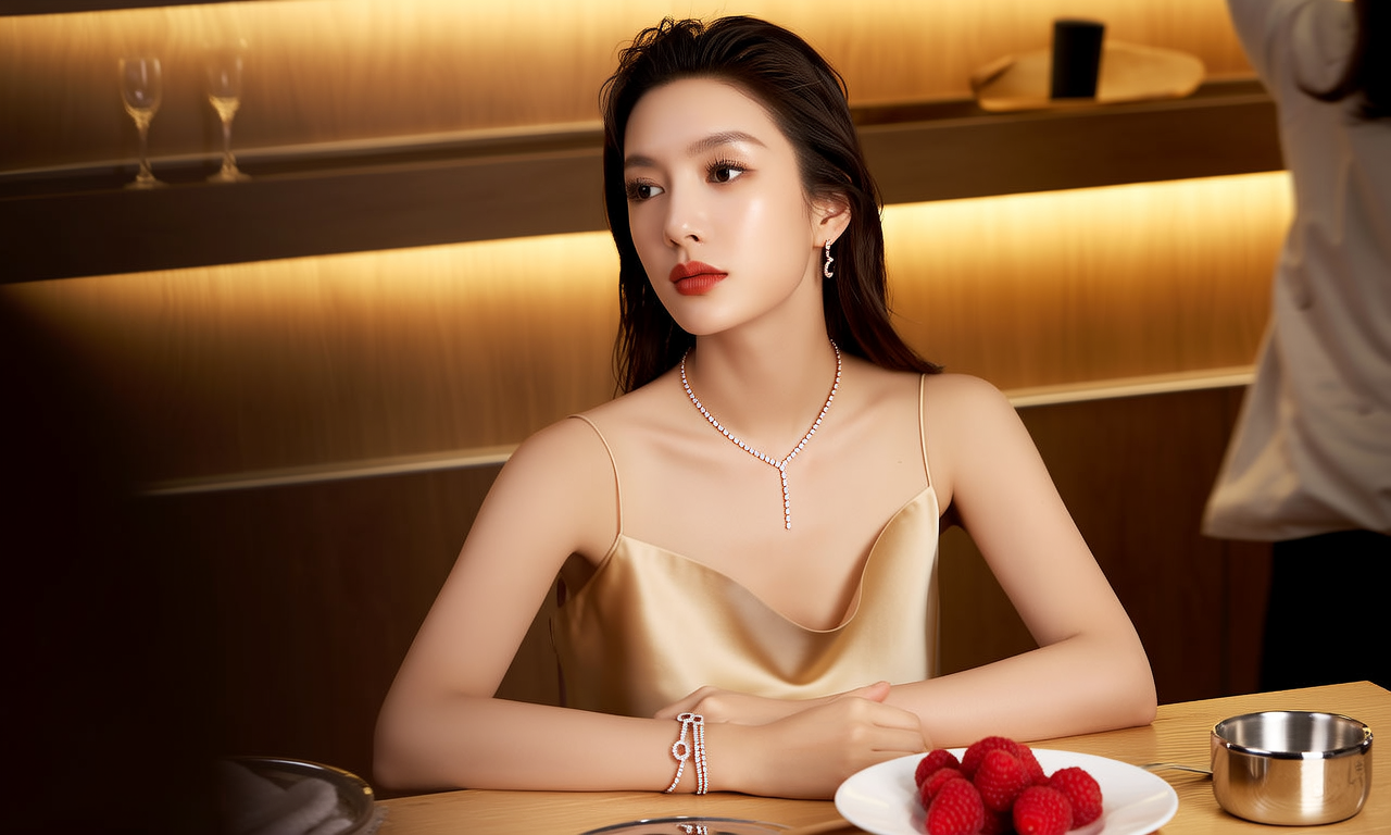 生活瞬间，美女，韩系美女，丝绸，美妆广告，家庭餐桌，4K超清，写实风格，温馨，柔和室内光，细腻皮肤，项链，耳环，手链。