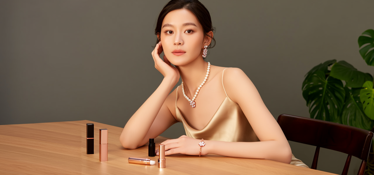 生活瞬间，美女，韩系美女，丝绸，美妆广告，家庭餐桌，4K超清，写实风格，温馨，柔和室内光，细腻皮肤，项链，耳环，手链。