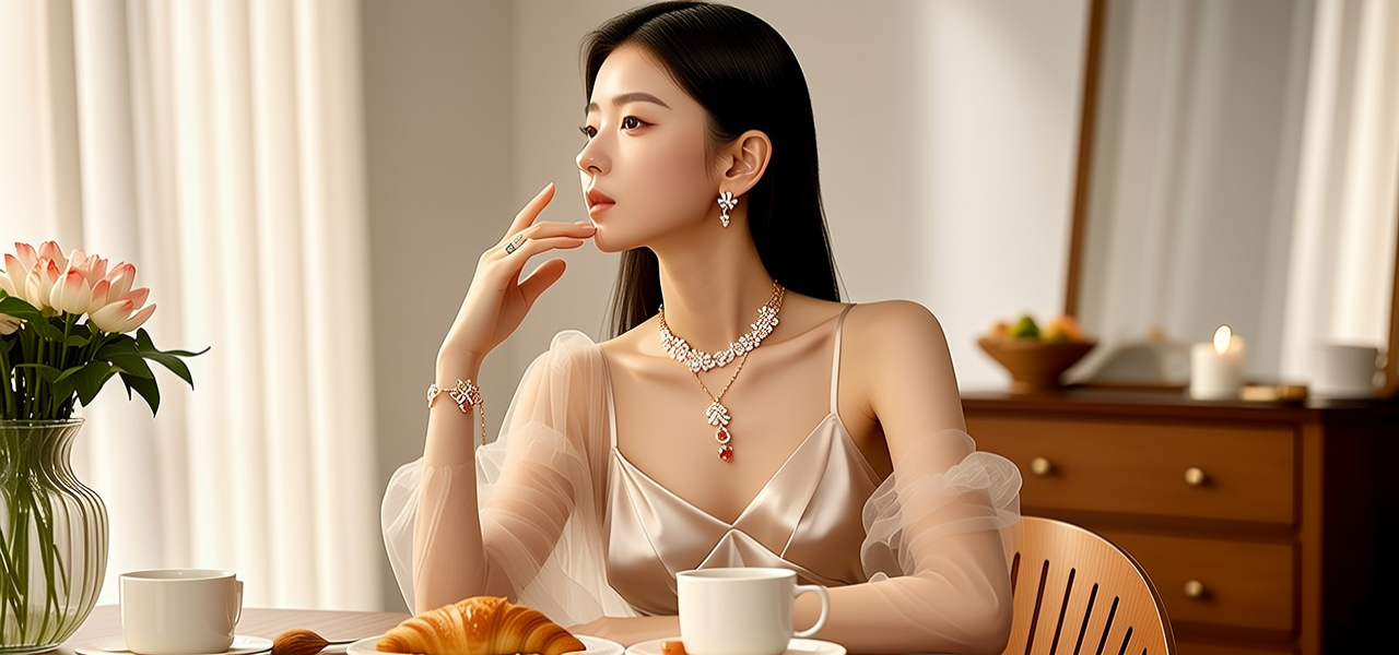 生活瞬间，美女，韩系美女，丝绸，美妆广告，家庭餐桌，4K超清，写实风格，温馨，柔和室内光，细腻皮肤，项链，耳环，手链。