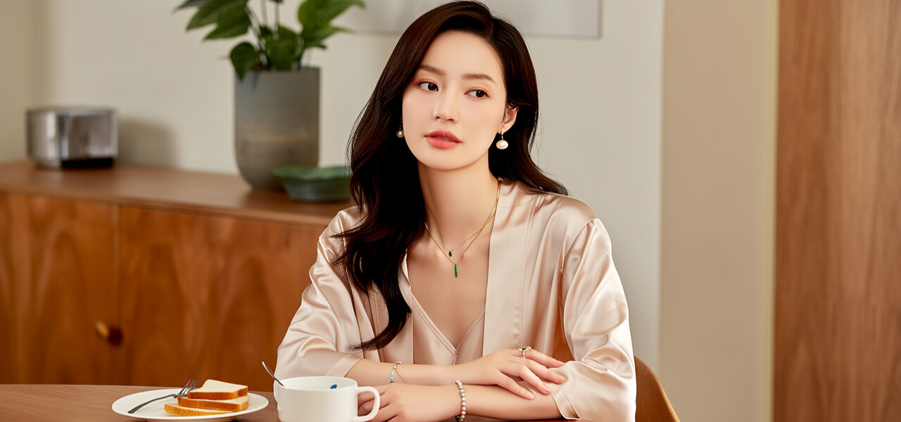 生活瞬间，美女，韩系美女，丝绸，美妆广告，家庭餐桌，4K超清，写实风格，温馨，柔和室内光，细腻皮肤，项链，耳环，手链。